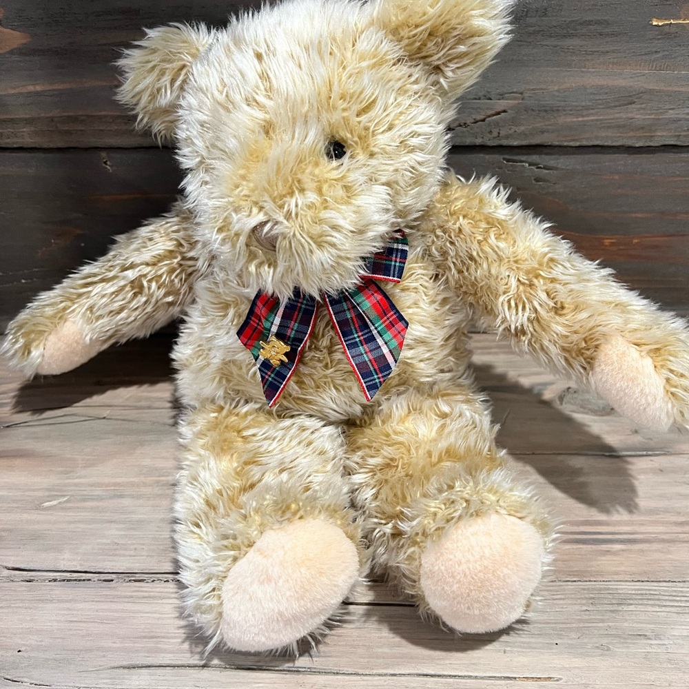 Gund Fluffy Cream Teddy Bear with Plaid Bow